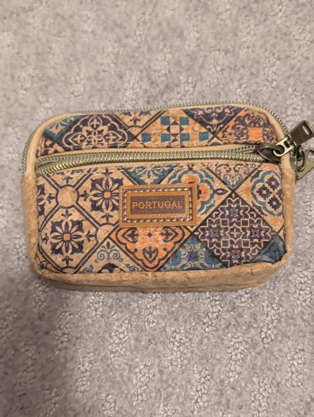 Cork Tile-Print Coin Pouch - Blue & Tan